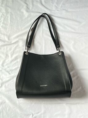 Calvin Klein Black Reyna Triple Compartment Vegan Leather Shoulder Bag